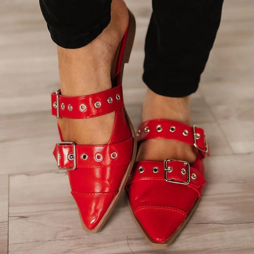 New Red Pointed Toe Slide Flat Loafers Mules Shoes Slip-On Silver Buckle Strap - Picture 3 of 4